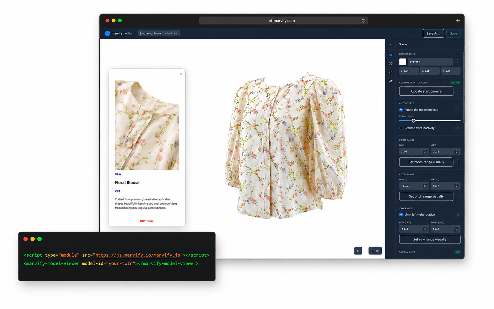 The marvify Editor open in a browser showing the 3D Twin of a floral blouse, with a small dark code window beside it displaying the two-line embed snippet.