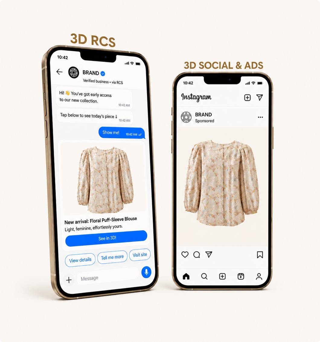 Two phones side by side: one showing an RCS marketing message with a 3D product card, the other showing the same product as a sponsored 3D ad in a social feed.