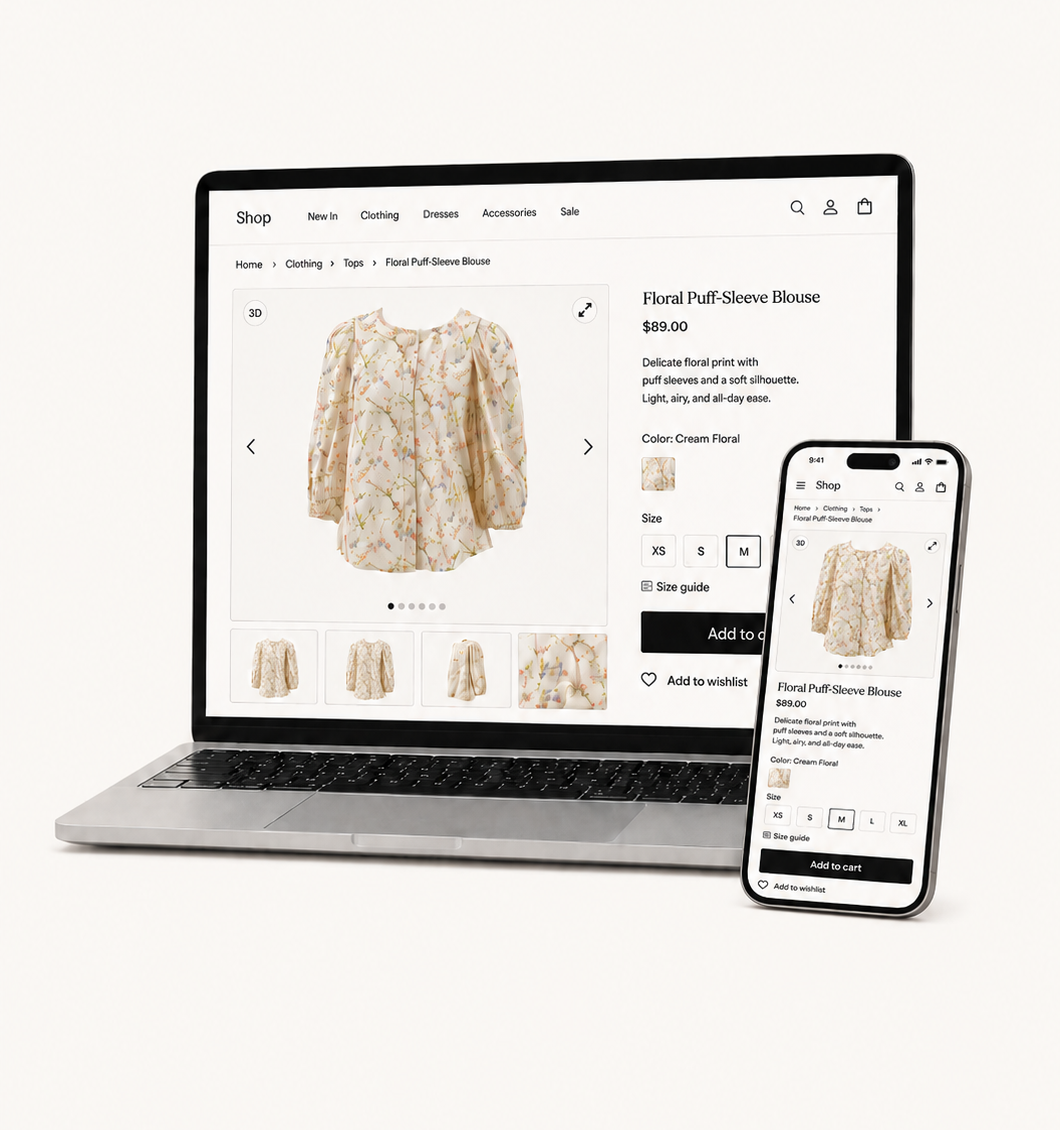 A laptop showing an e-commerce product page with the 3D viewer prominent in the hero.