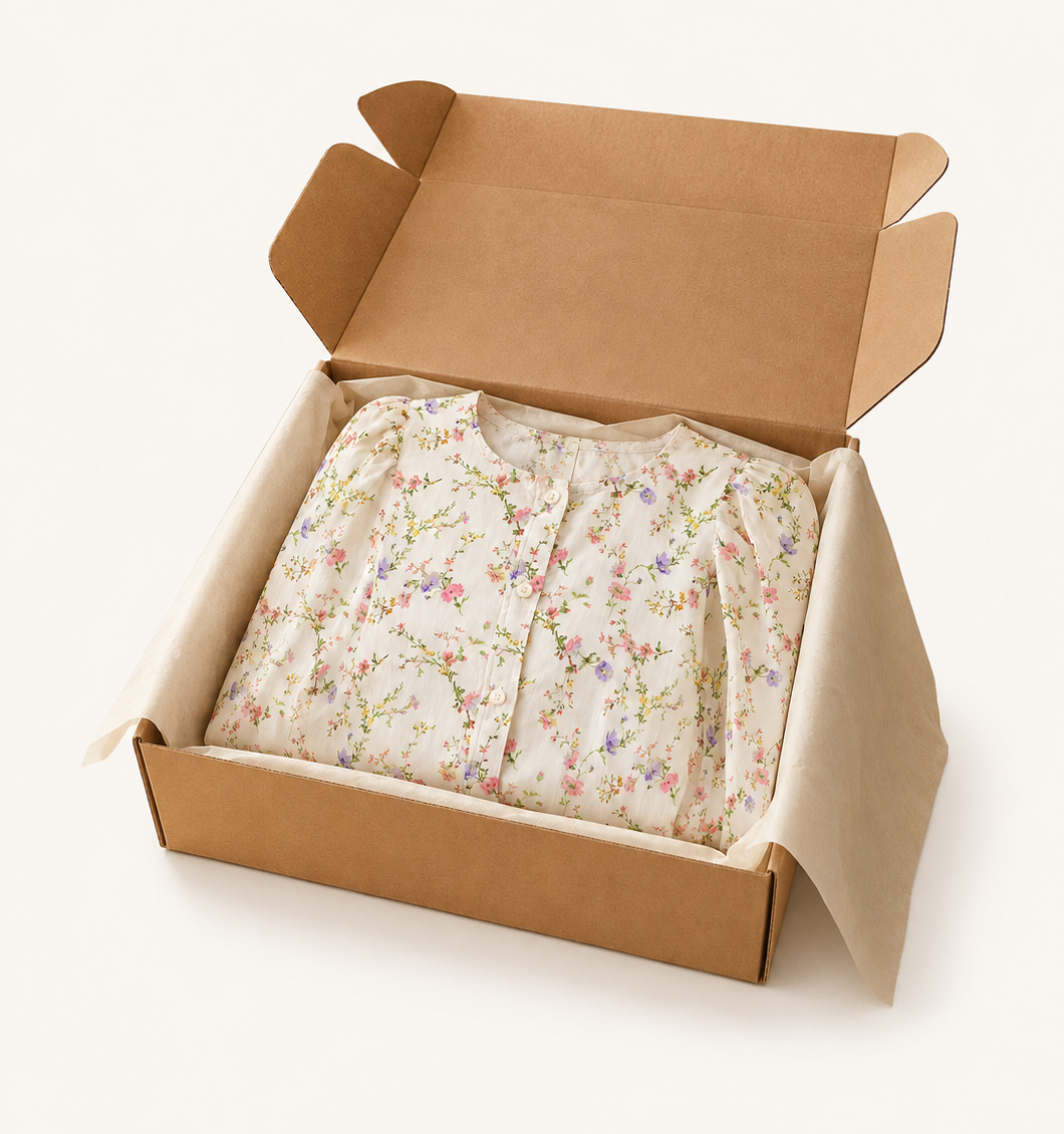 A delivery box just opened, revealing the product folded neatly inside on cream tissue paper.