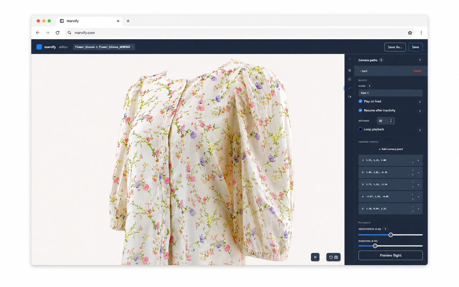 The Marvify Editor in a browser with a camera-path timeline along the bottom showing keyframe markers, and the floral blouse 3D Twin previewed in the canvas above.