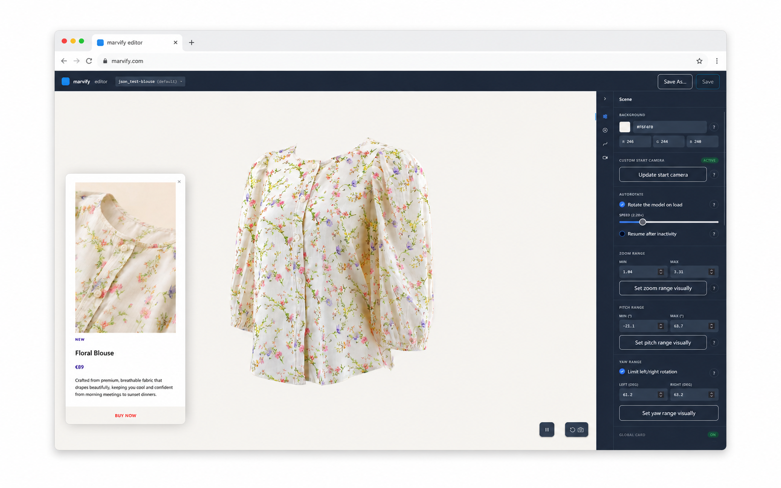 The Marvify Editor open in a browser: a floral blouse 3D Twin centred in the canvas, with a left-hand product panel and a right-hand editing toolbar of camera and asset controls.