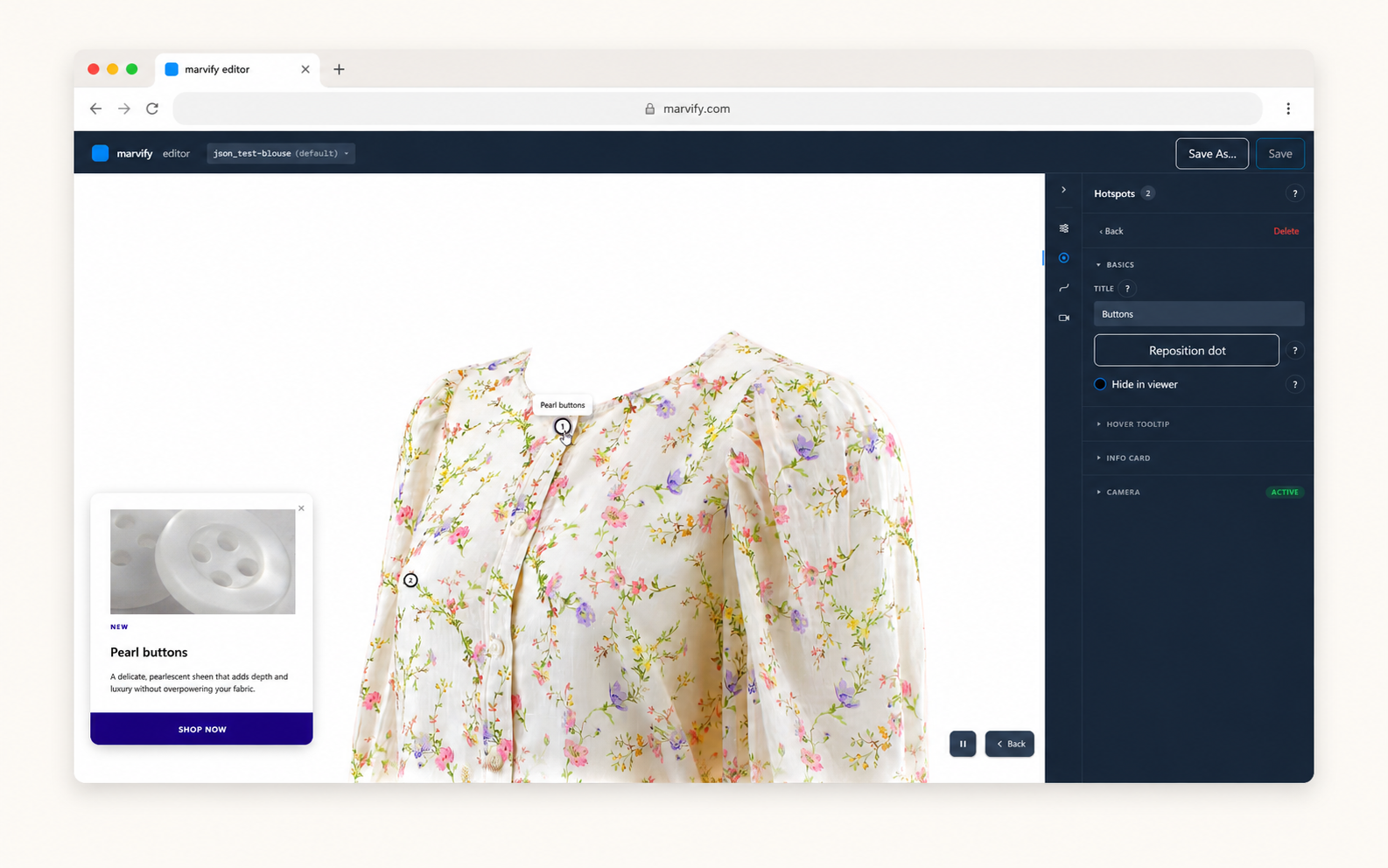 The Marvify Editor in a browser showing the floral blouse 3D Twin with hotspot pins placed on its surface and an info card popping out from one selected pin.
