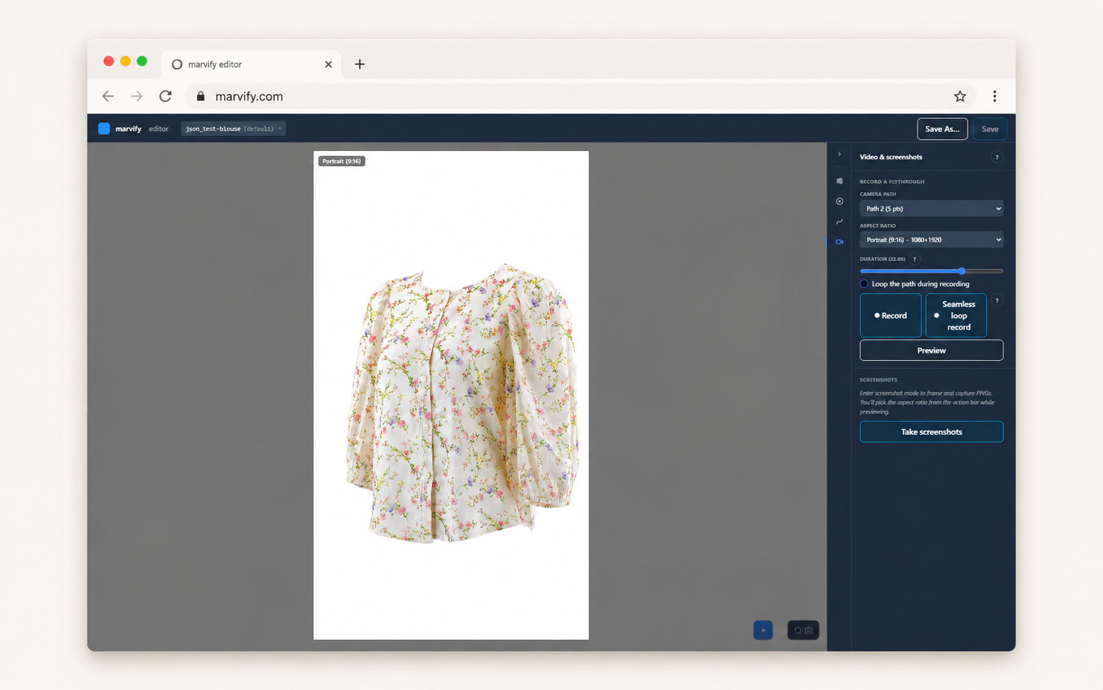 The Marvify Editor in a browser showing the export dialog with still and video tabs, output preview thumbnails, and the floral blouse 3D Twin in the canvas behind.