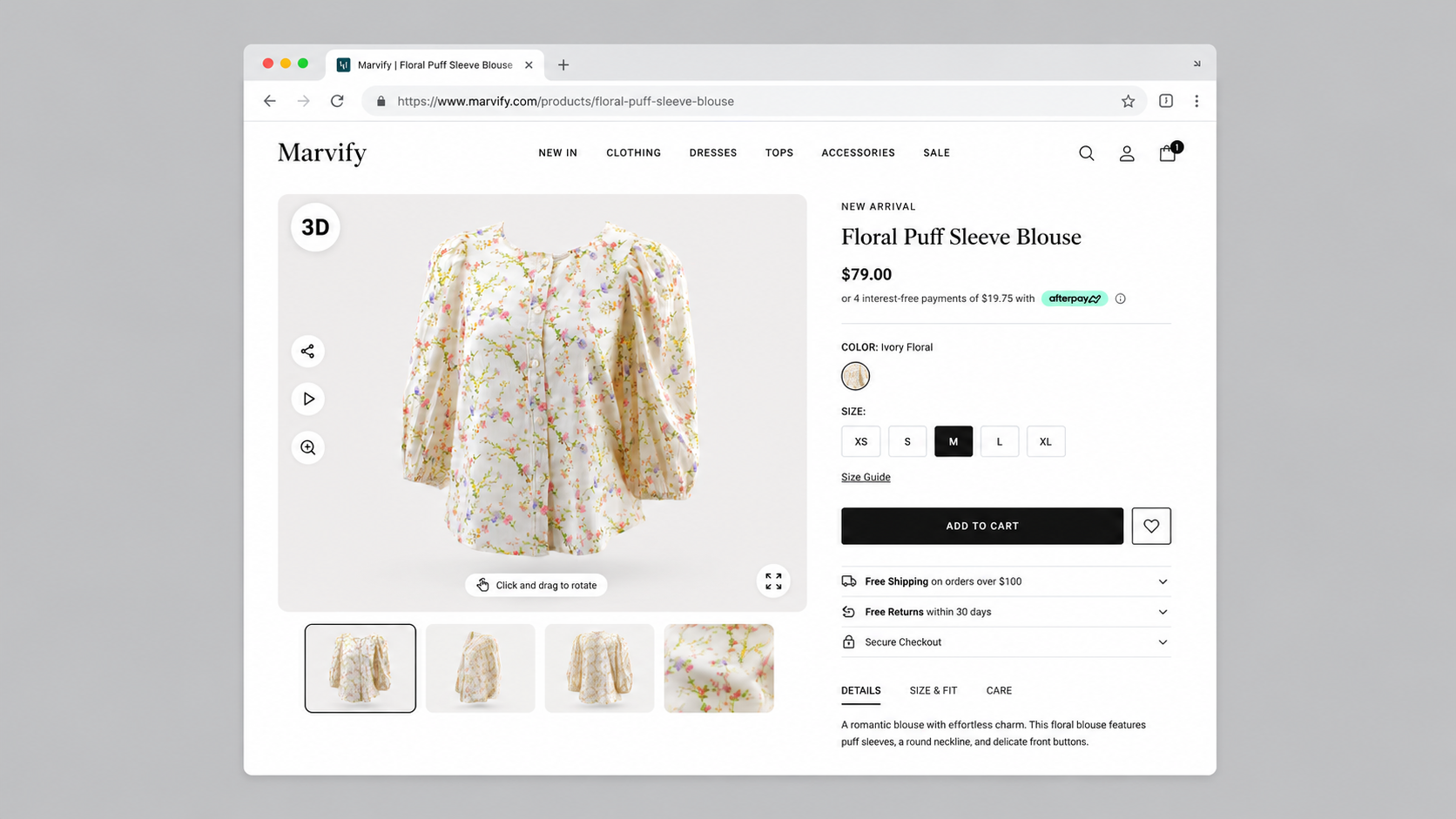 A fashion brand product page in a desktop browser with the Marvify 3D viewer embedded as the hero image.