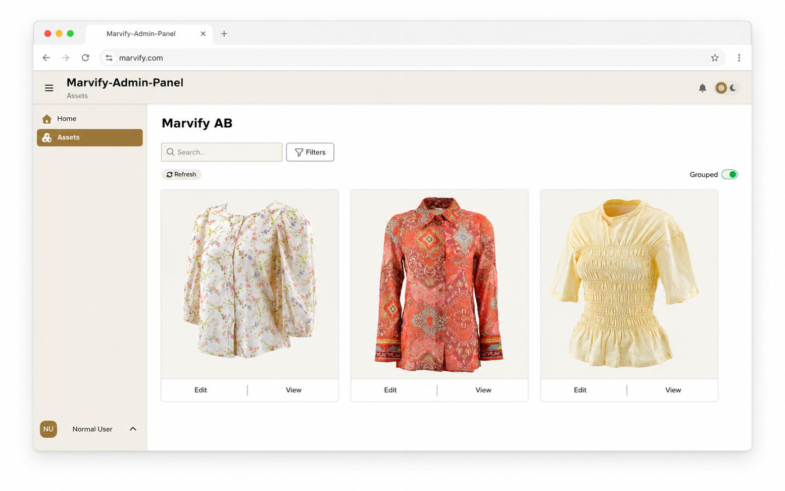 The Marvify customer dashboard in a browser: a left sidebar with navigation, a brand header, and a content area showing a row of three garment thumbnails with subtle Edit and View buttons under each.