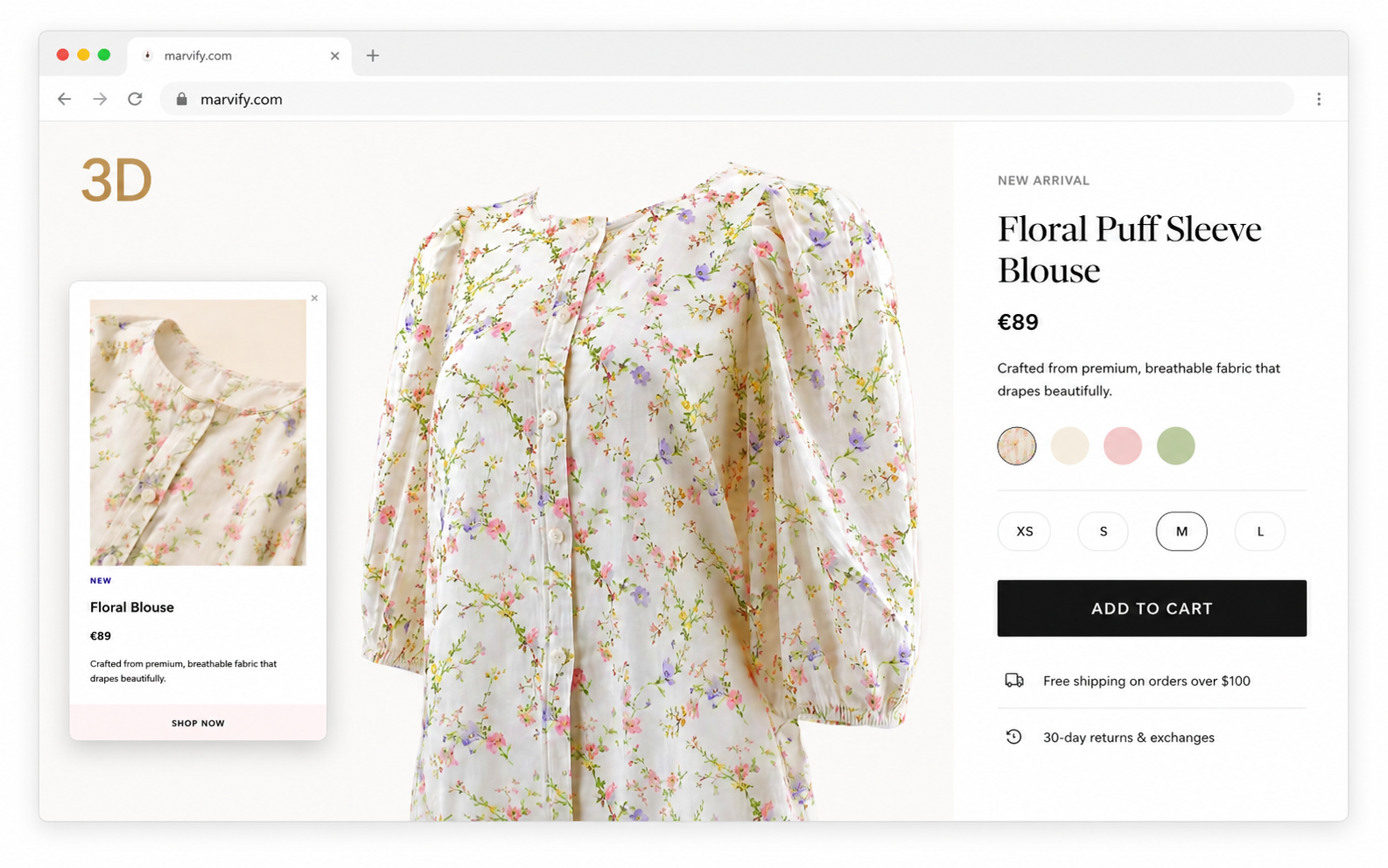A fashion brand product page in a browser with the Marvify 3D Twin viewer as the oversized hero image, a prominent gold 3D badge in the top-left, and product details (price, color, size, add-to-cart) on the right.