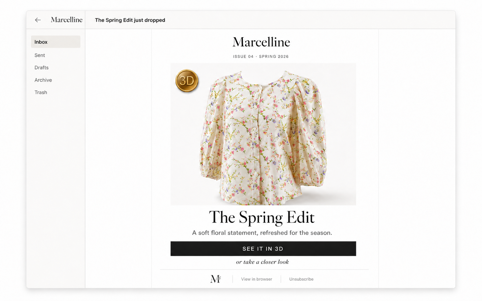 A desktop email client showing a Marvify newsletter open: brand wordmark at top, a 3D-led hero of the floral blouse with a gold 3D badge, The Spring Edit headline, and a See it in 3D CTA.