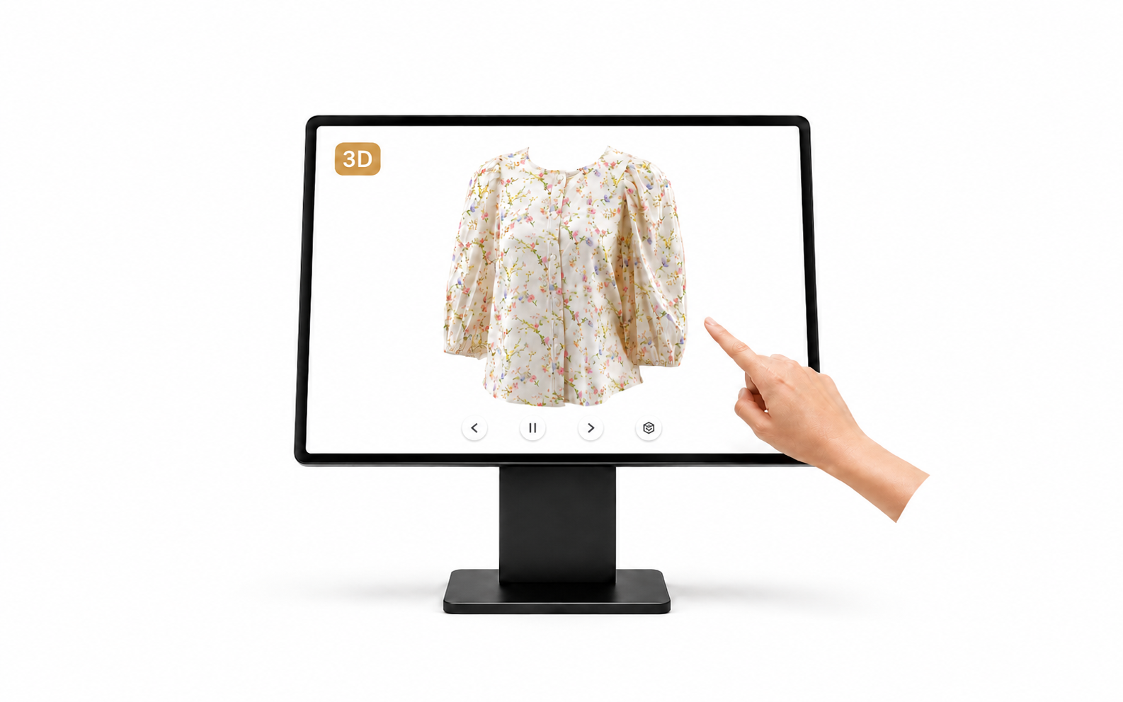 A modern in-store touchscreen kiosk on a slim stand showing the floral blouse 3D Twin with a gold 3D badge, and a shopper's hand reaching from the right to tap the screen.