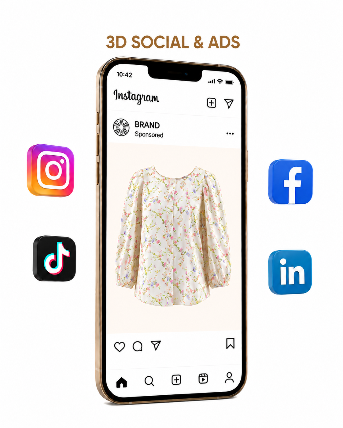 A smartphone mockup showing a 3D-led sponsored Instagram post of the floral blouse, framed by Instagram, TikTok, Facebook, and LinkedIn social icons.